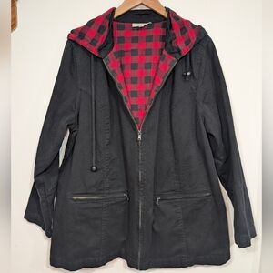 Woman Within 18/20 Large Black Denim Jacket Red Flannel Lined Relaxed Fit Plus